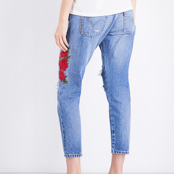 Levi's 501 Floral Embroidered Distressed Ripped Taper Cropped Button Fly Jeans - Picture 3 of 8